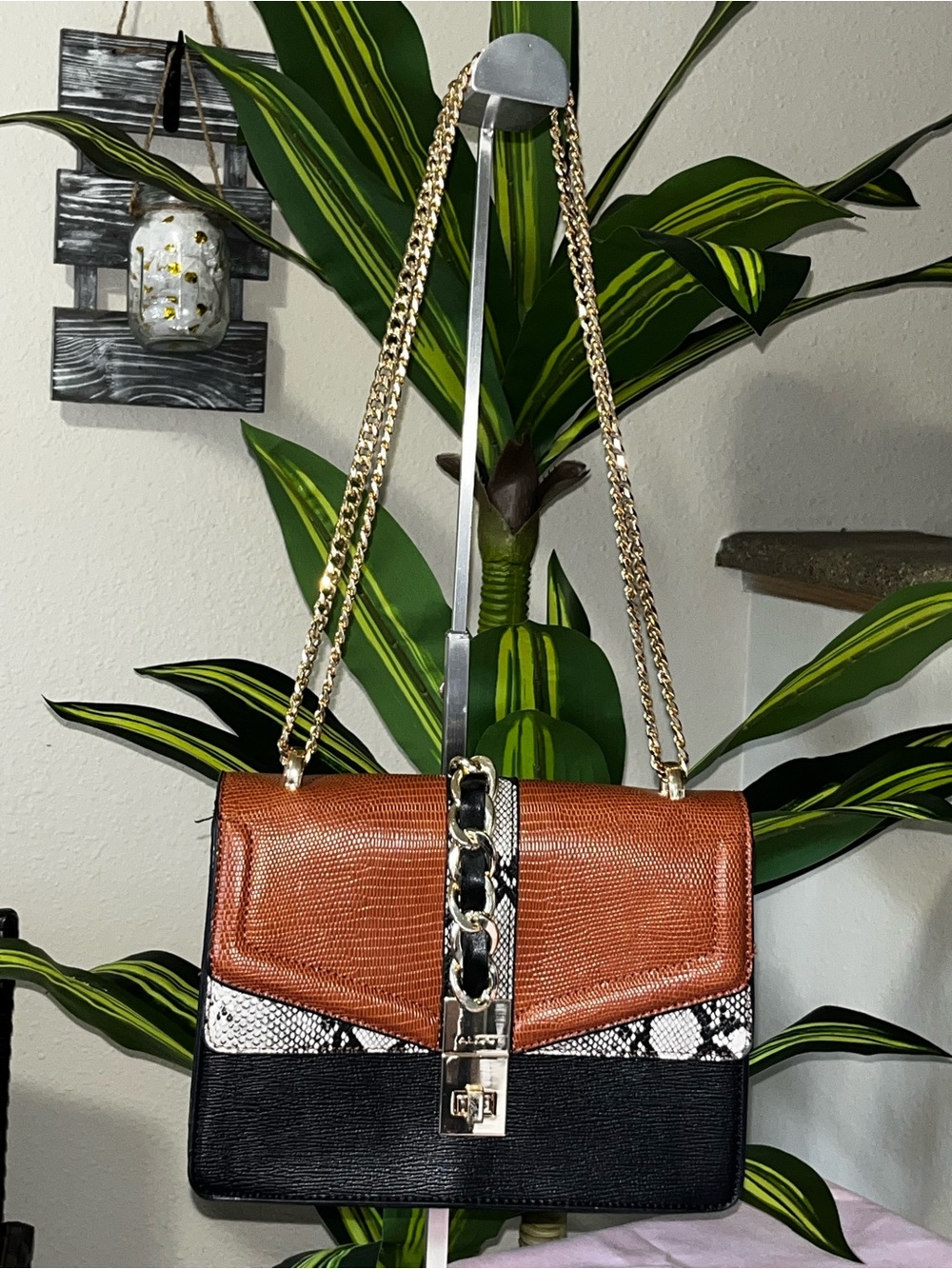 Aldo Two-Tone Brown & Black Crossbody Bag with Gold Chain and Snake Trim